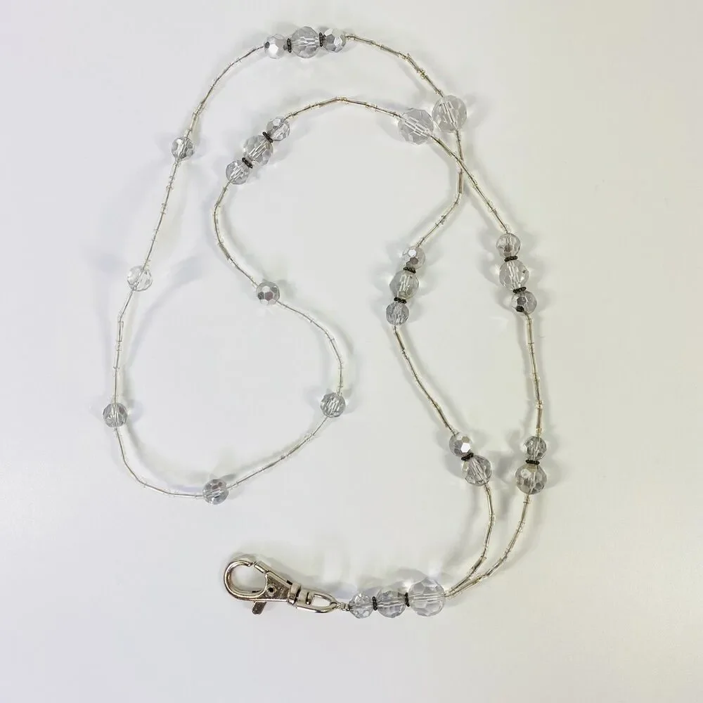 Mixed Beads Badge Name Tag Holder‎ Necklace Clear Sparkle Bling Silver Tone